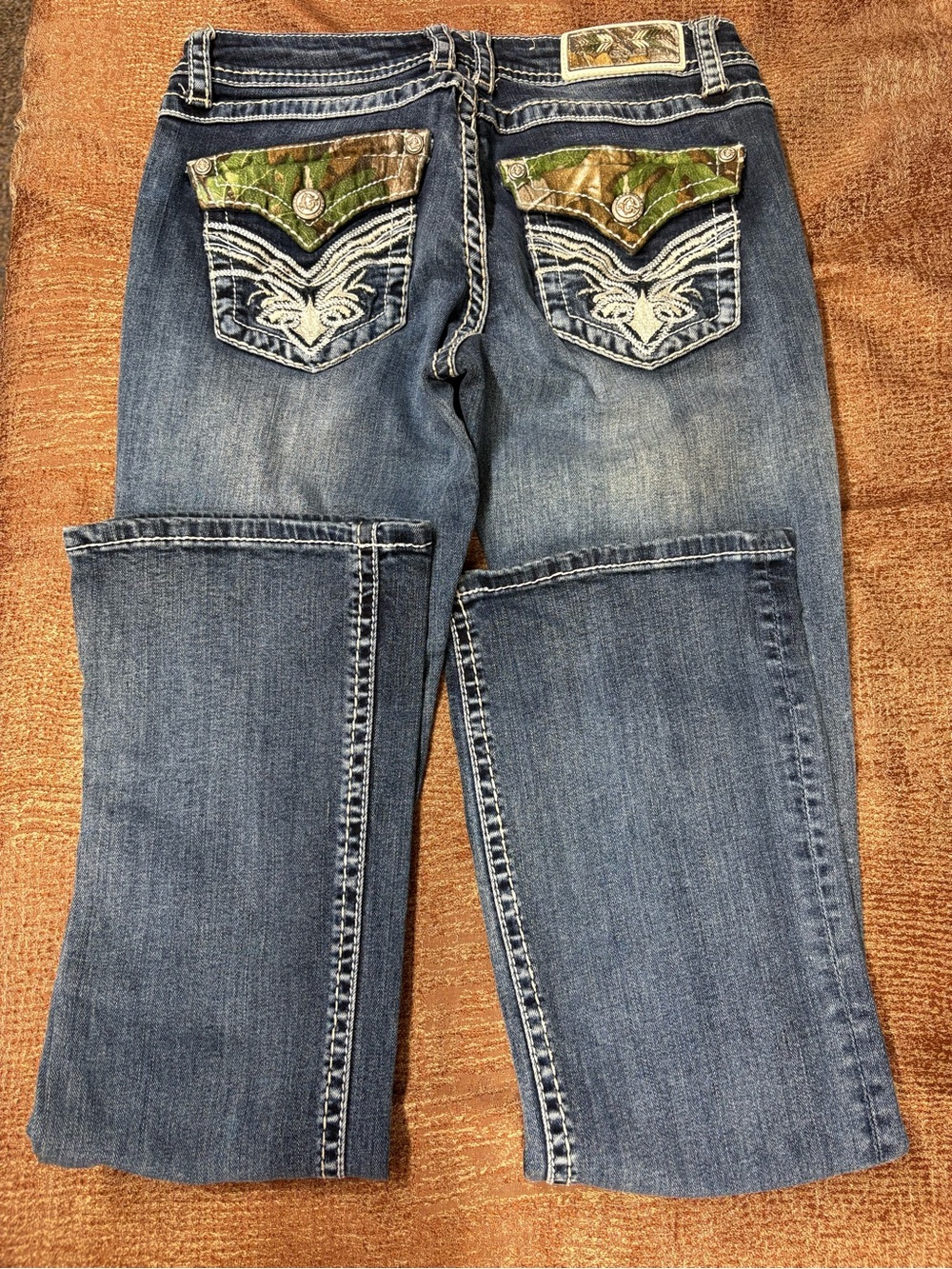 Grace Women's Boot Cut Jeans with Green Camo Pocket Flaps - Blue Wash